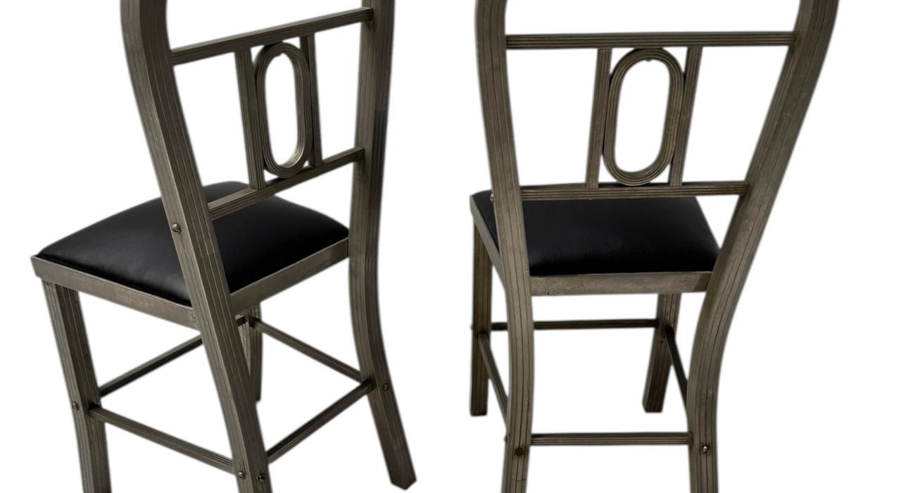 Two French Art Deco Side Chairs with Black Leather Seats, 1930s